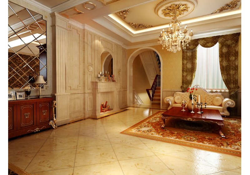 古典气氛浓郁的沙发、首先为客厅空间定下了古典的基调。再配以造型较为繁复的吊灯、油画等饰品，轻轻几笔即勾勒出淡淡的轻古典的家居氛围。