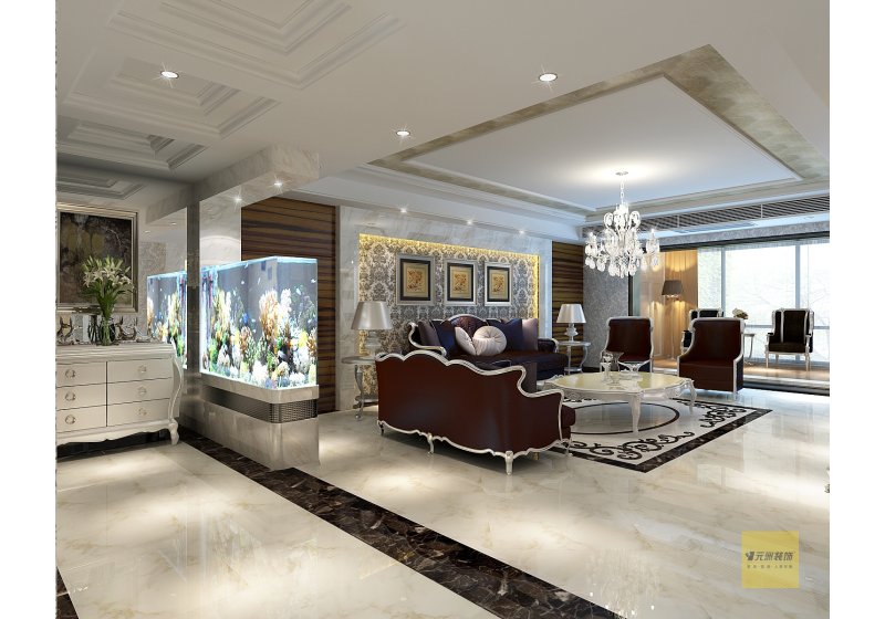 客厅用欧式造型的吊顶，水晶吊灯，以及繁花图案的沙发背景墙相结合，营造豪华典雅的氛围