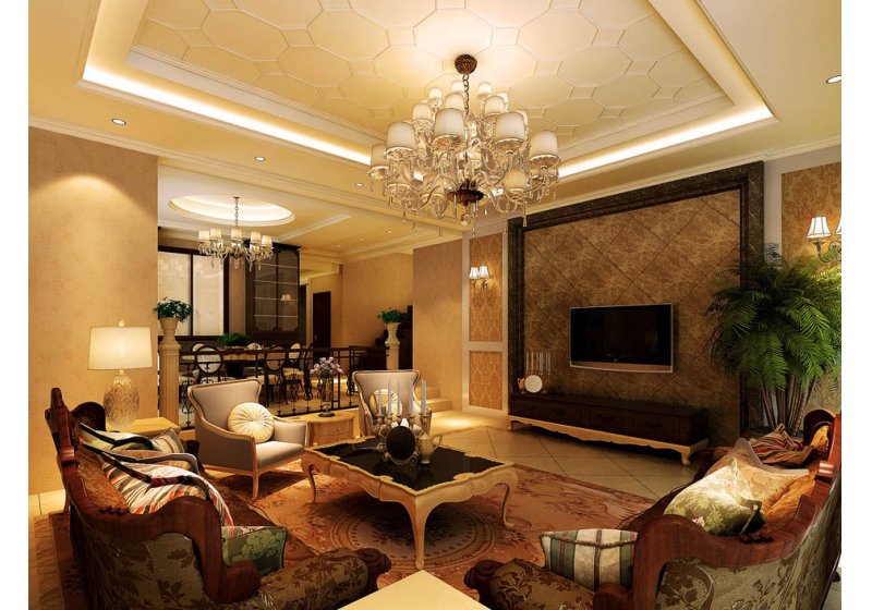 客厅区为错层区域，空间面积比较大沙发背后为整墙的欧式风格装饰柜，中间搭配欧式壁炉整体协调统一。沙发位欧式实木布艺沙发。电视背景为精工玉石饰面。
