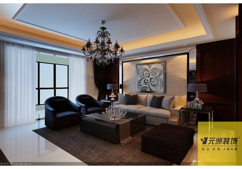 对称的装饰墙板搭配装饰画的使用，使得沙发背不那么呆板。