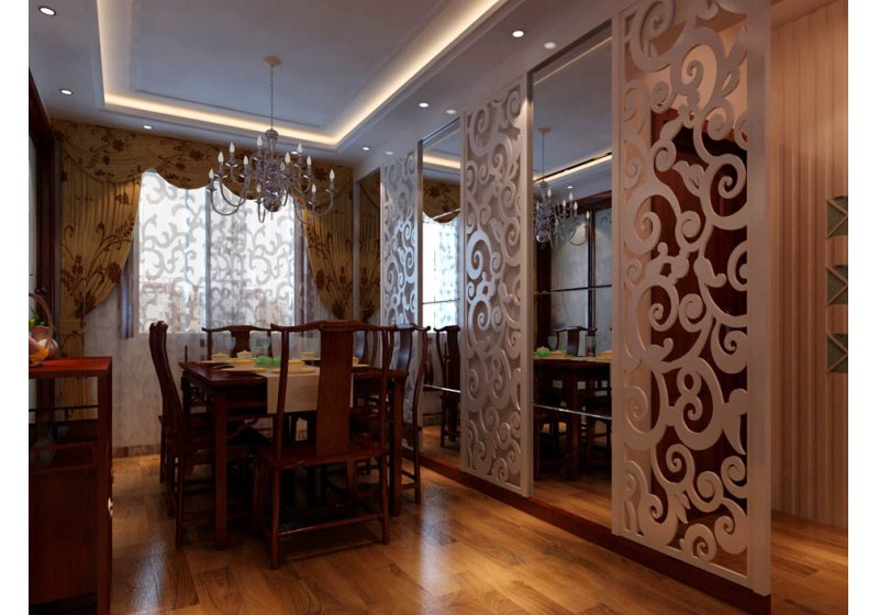 餐厅简约中式餐桌椅及花格镜片的处理及颜色上的统。
