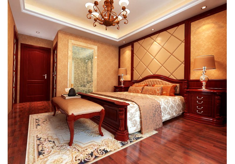 欧式的床柜与吊灯让整个卧室感觉舒适温馨。