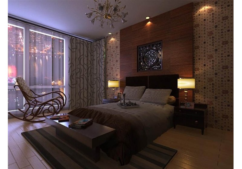 卧室同样采用中式和现代的装修风格，古典的摇椅配上柔光的台灯，营造了一种柔和的情境。