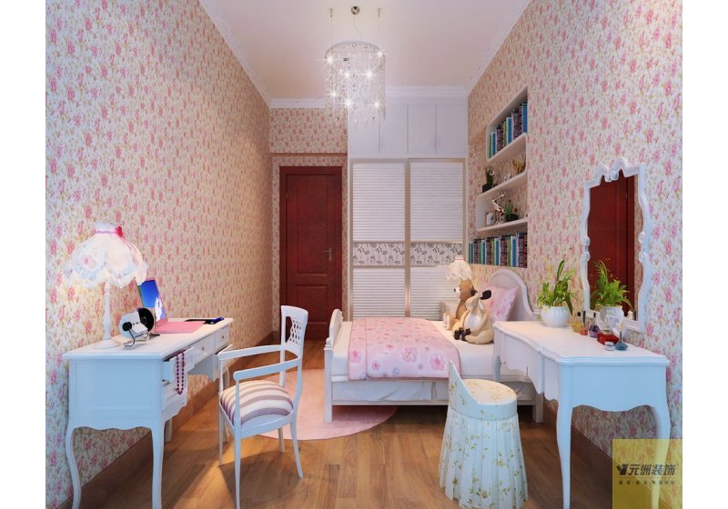 次卧室为女儿房，墙面采用粉色花边壁纸显得活泼可爱。 