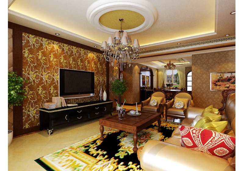 以欧式家具为主，配以中式的水墨画，欧式和中式同样具有的厚重感，让客厅大气沉稳。