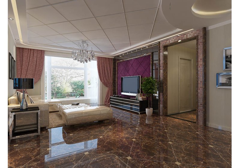 客厅大胆采用紫色，包括门框紫色马赛克的运用，渐变的紫色让空间充满神秘。