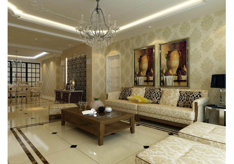 客厅用了时下年轻人都非常喜欢的白色和米色，配上暗花的壁纸和简单的软饰，欧式的古典中透着现代的时尚。