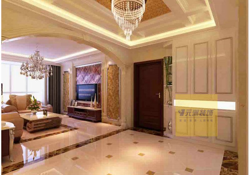 门厅地面拼花和顶棚造型的设计相呼应。