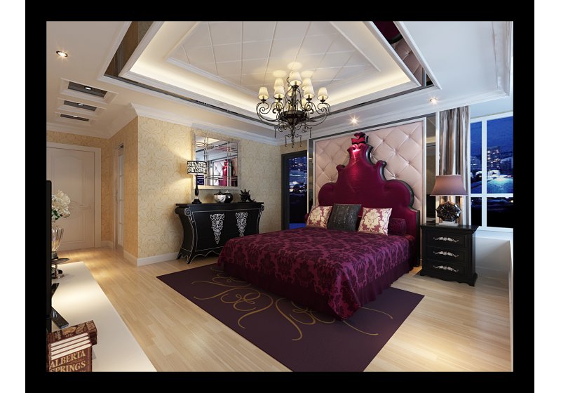 次卧室：空间比例协调，处理手法简单，用纹理及色调迎合整体的风格效果。