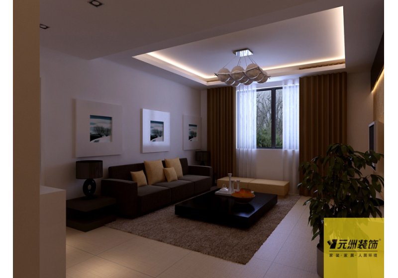 客厅空间整体设计简单，家具和墙面挂饰的合理布置，窗帘选用的颜色材质等等来营造温馨简洁明快的感觉。