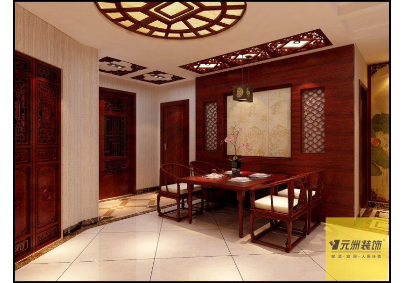 餐厅部分由于主人的饮食习惯，特别增加了一部四人桌的中国餐桌，古朴的造型墙，点缀玉石山海图，让餐厅又成了另一空间的亮点。