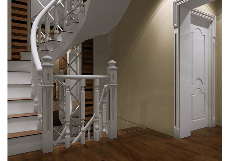 楼梯：简单线条的纯白色楼梯，弧线直通二楼，流畅自然；