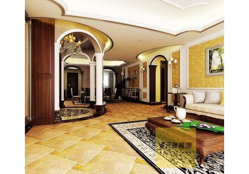 客厅采用蜜蜂墙砖，地砖马可波罗，欧式拱门，彰显奢华高贵。
