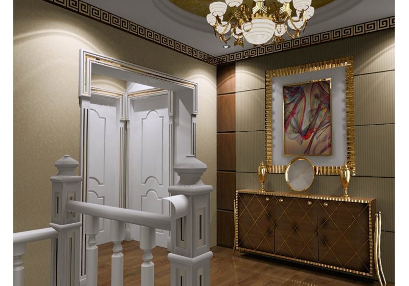楼梯玄关的设计依据房型而定，强烈的色彩对比与直角型壁画体现了讲究的风格与搭配手法。