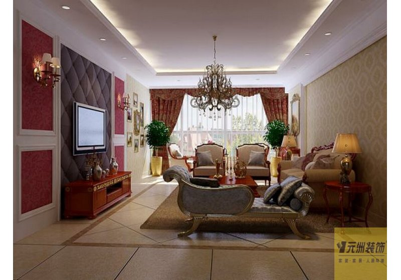 这套房子现在是3人世界，简洁的吊灯与黄色的大花壁纸相得益彰,实木的家具舒适自然,米色的仿古砖为主人带来精彩舒适的家居生活。 
