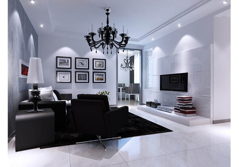 白色大理石电视墙的气势，对应深色质感的皮沙发，黑色毛地毯美好触觉感受，以黑色风潮席卷俐落的客厅空間，而灰色壁纸的粗犷壁面，则视为居家情境的调和元素。