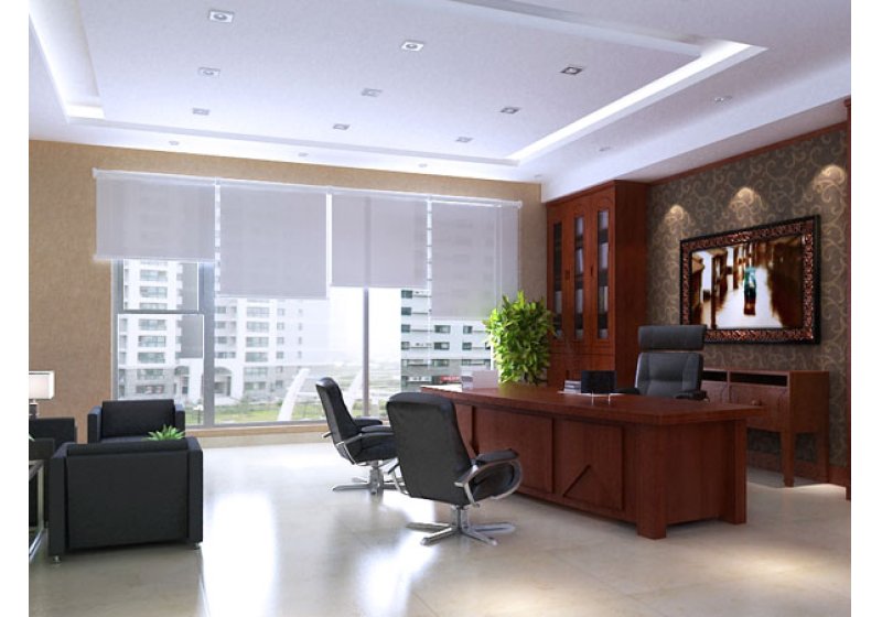 董事长办公室：多采用米黄石材，樱桃木饰面，玻璃，不锈钢等材质，有刚柔结合及较强的视觉冲击力，设计简洁、大方，清新、明快，整个办公室舒适而富有品位。 

