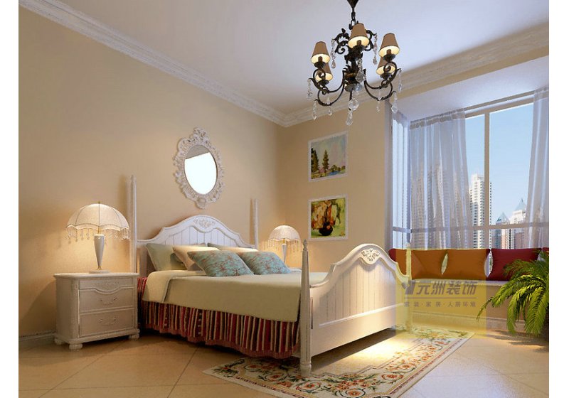 卧室暖色墙漆，田园风格白色混油材质的大床，温馨舒适。