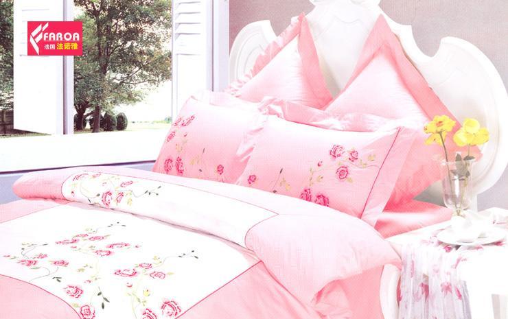 法诺雅床上用品四件套全棉斜纹欧式粉红色绣花HYHY27